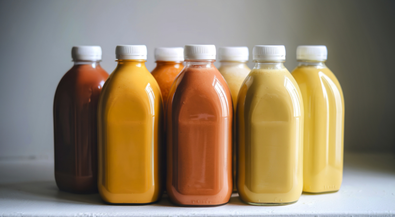 Bottles filled with brown, yellow, and orange liquids, capped with white lids.