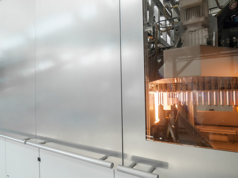 PET preform Industrial machine with a view of internal components and lighting.