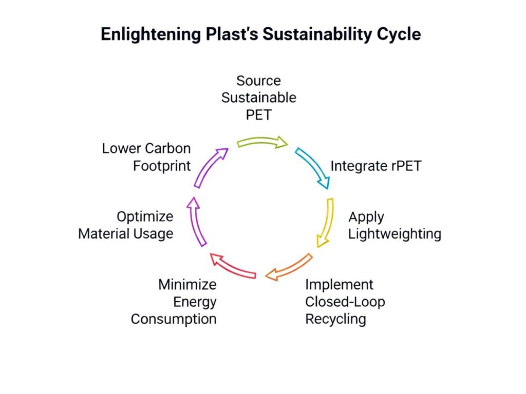 Enlightening Plast's Sustainability Cycle with steps: Source Sustainable PET, Integrate rPET, Apply Lightweighting, Implement Closed-Loop Recycling, Minimize Energy Consumption, Optimize Material Usage, Lower Carbon Footprint.